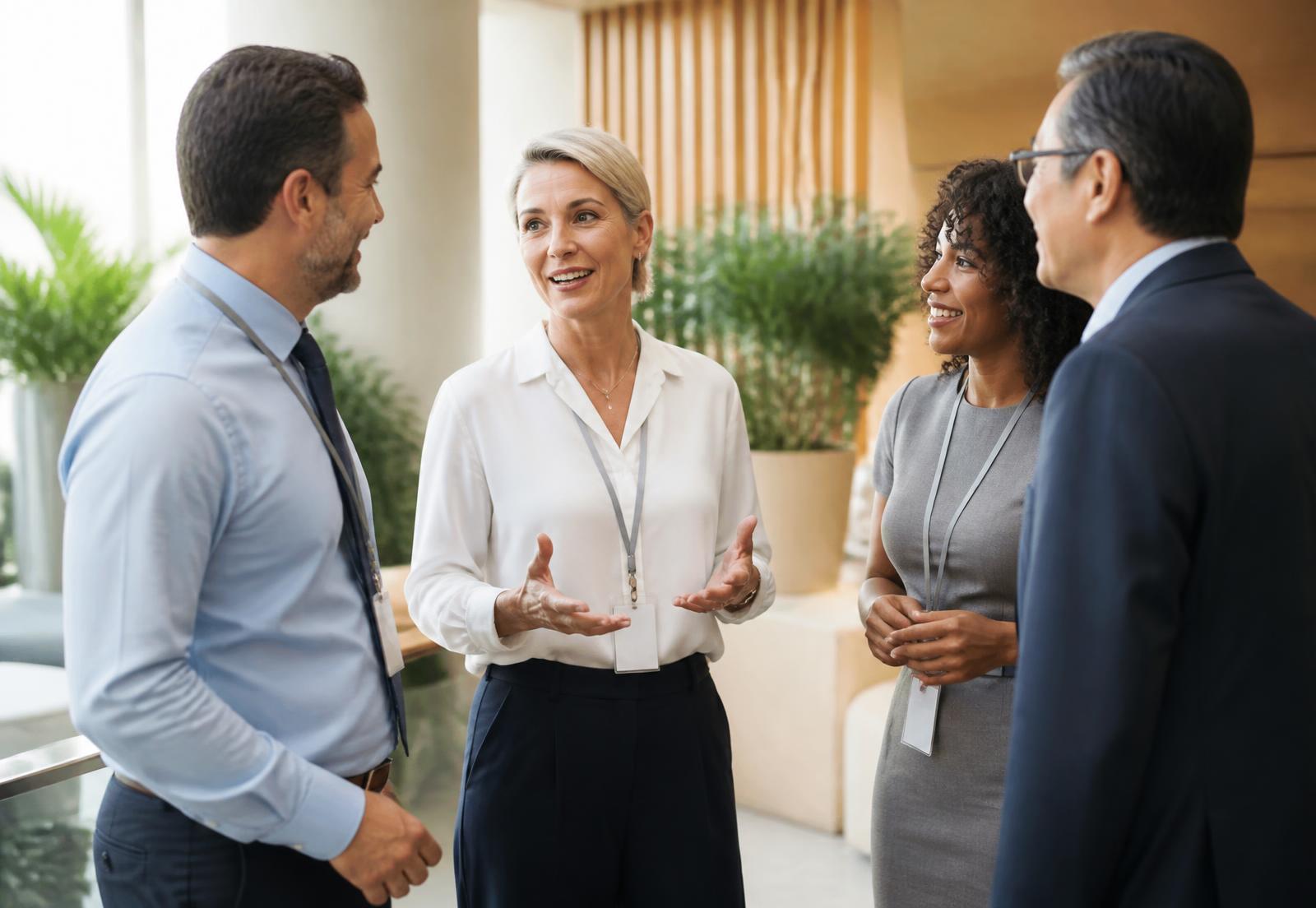 Members of the Trio7 leadership team talking together in a bright office