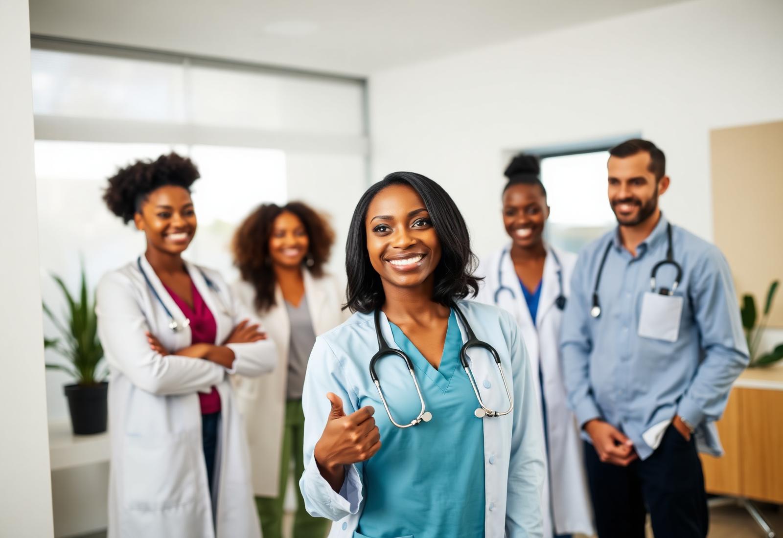 A diverse Trio7 clinical team standing together in a bright healthcare workspace