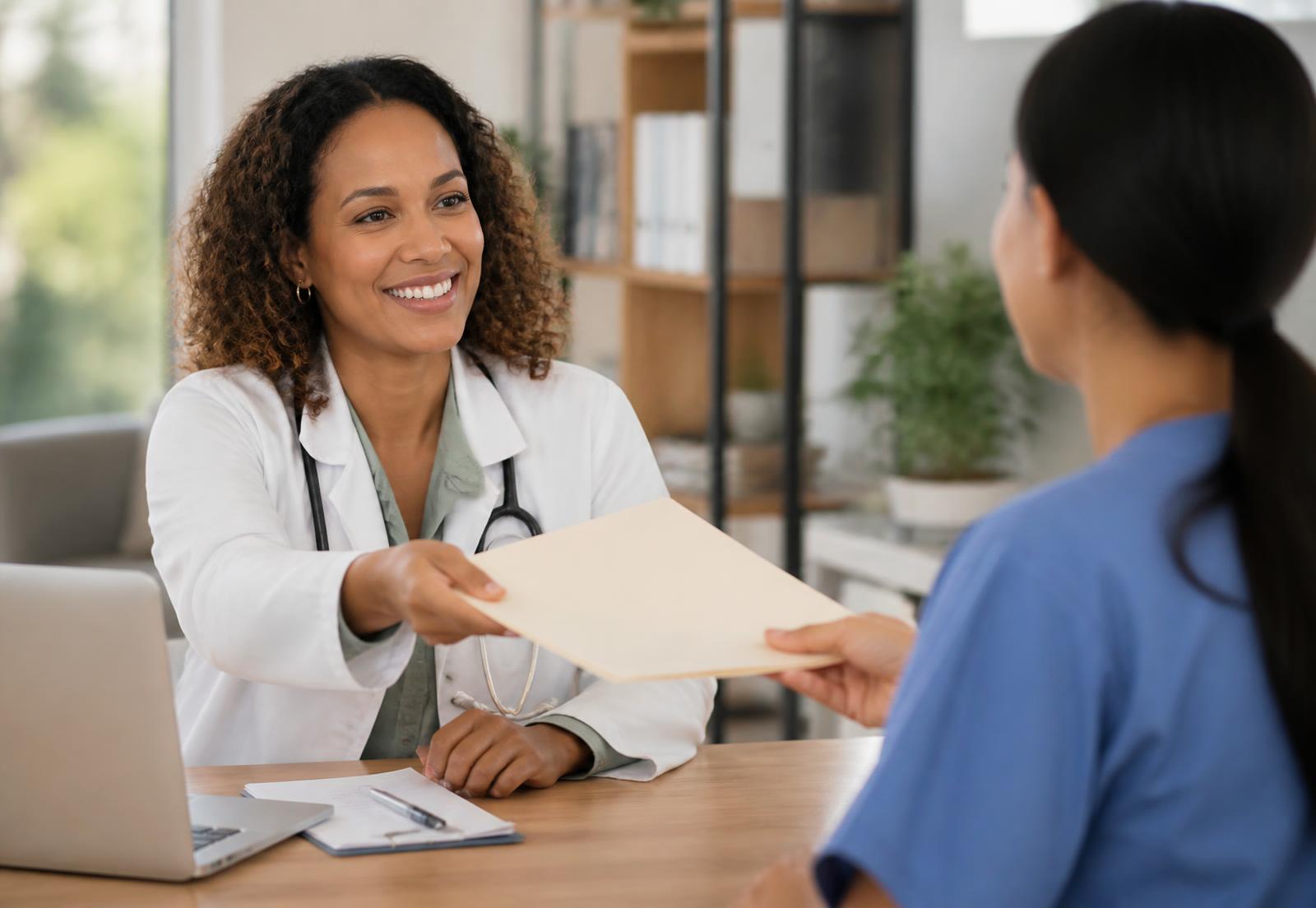 A Trio7 clinician handing a referral folder to a colleague