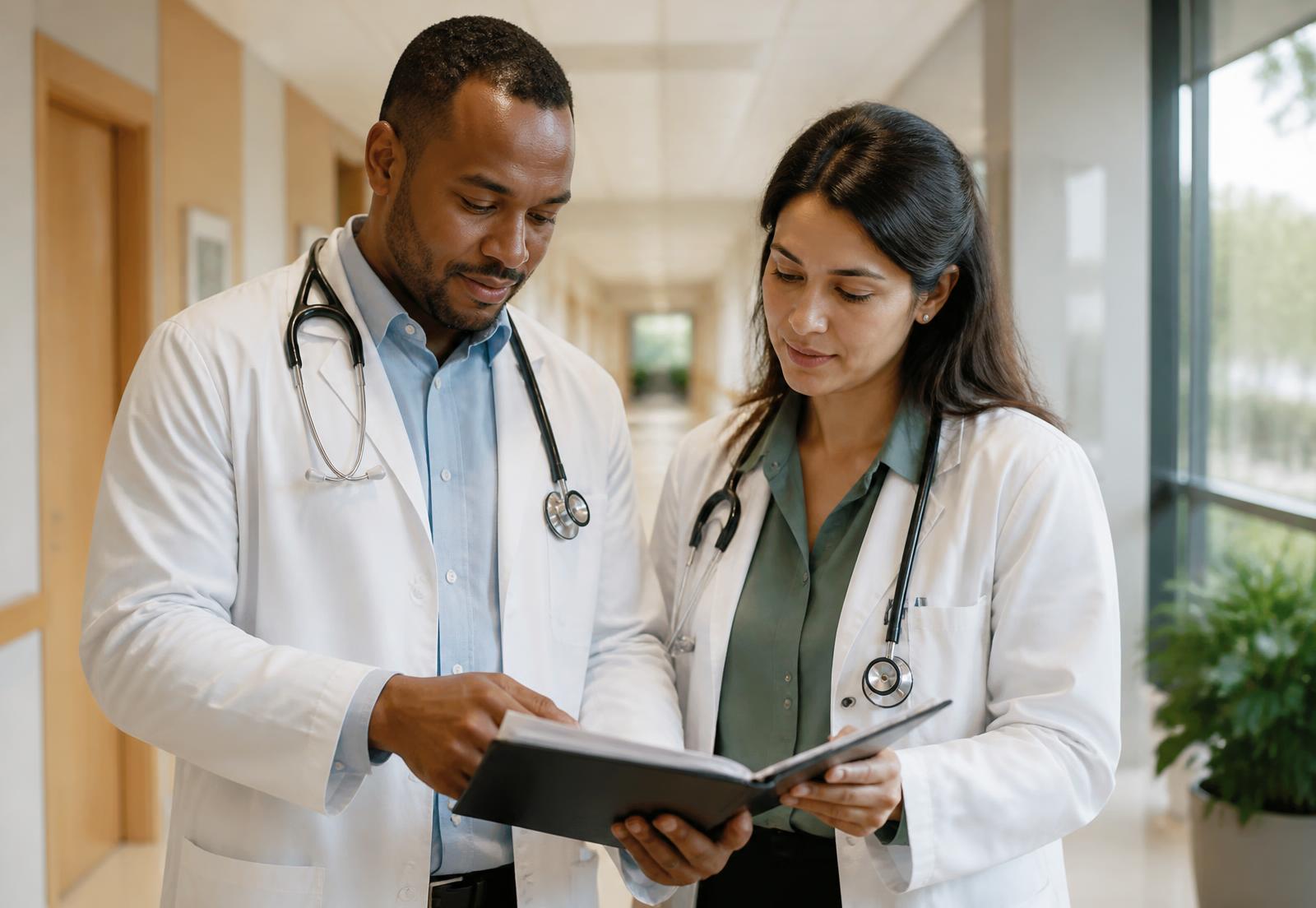 Two Trio7 clinicians in white coats reviewing a care plan together